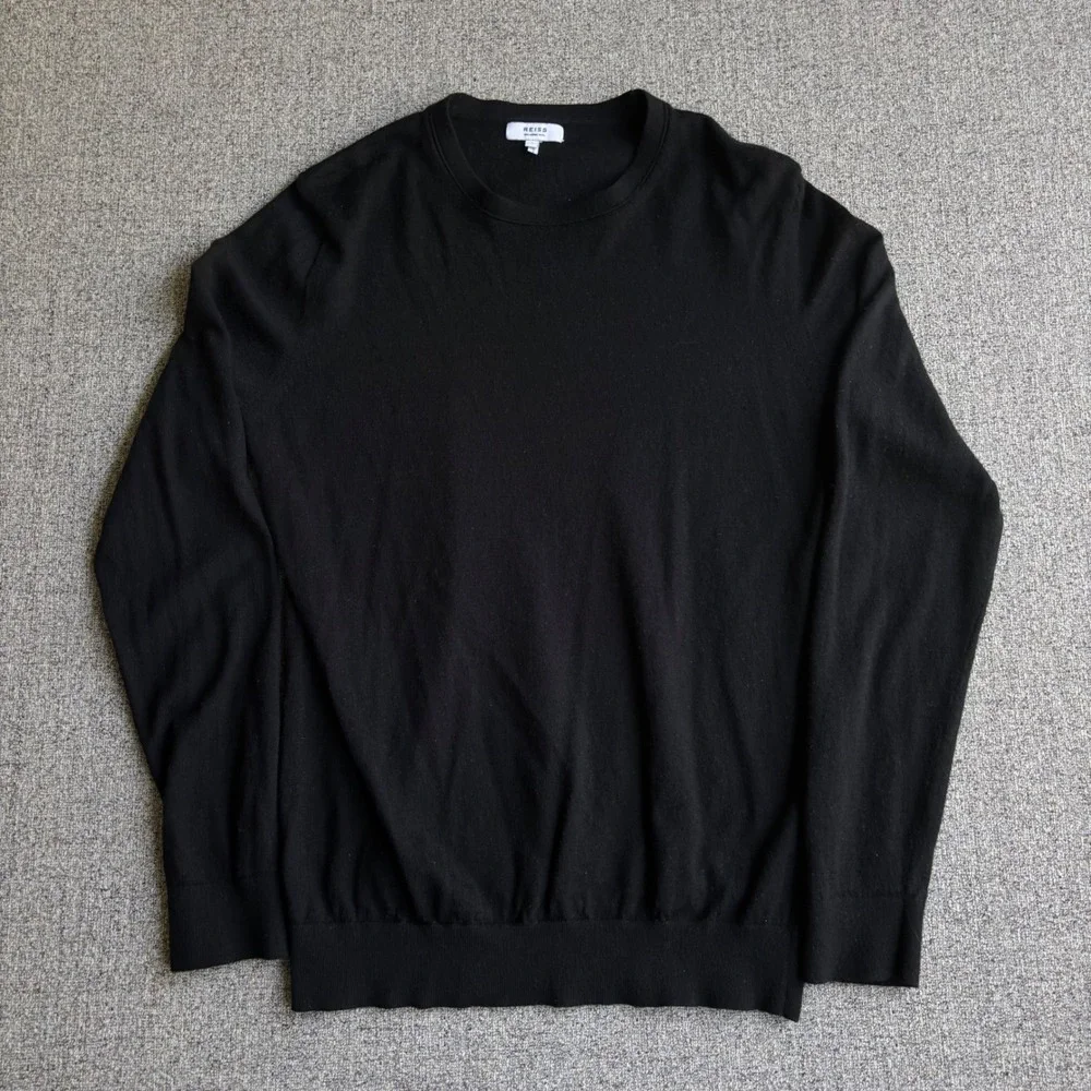 Reiss Sweater Mens Large Black Merino Wool Crew Neck Long Sleeve Knit Top